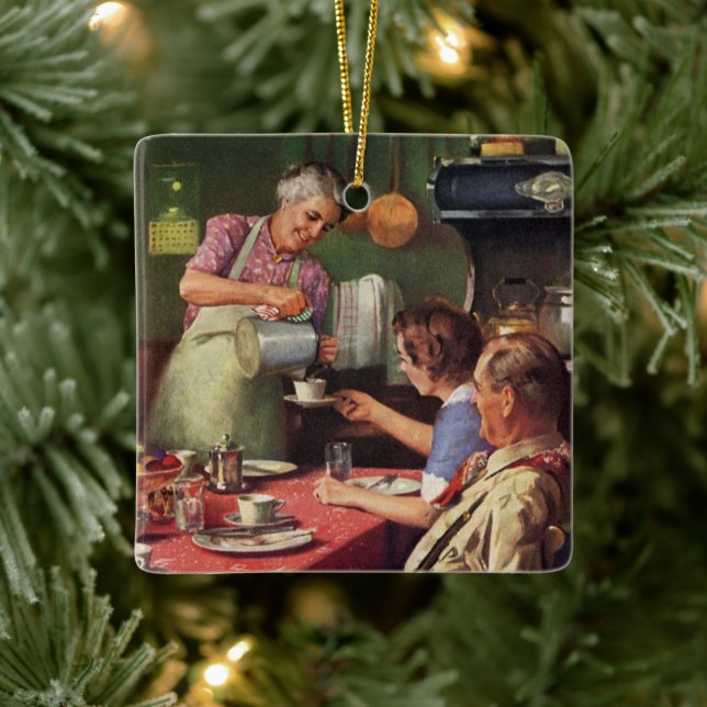 Vintage familj som äter frukost i köket julgransprydnad keramik (Träd)