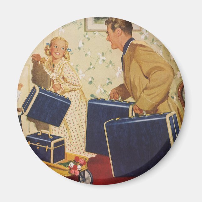 Vintage Familjebesök, Pappa, barn och resväskor Magnet (Framsidan)