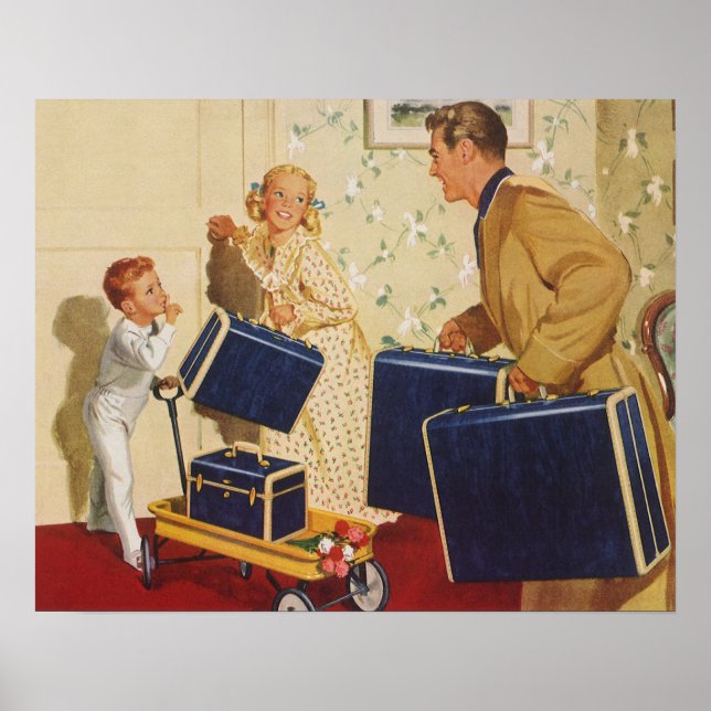Vintage Familjebesök, Pappa, barn och resväskor Poster (Framsidan)