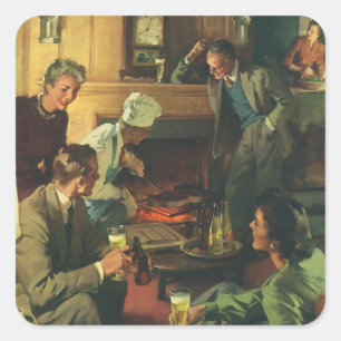 Vintage familjefest, Grillar stekar dricker öl Fyrkantigt Klistermärke