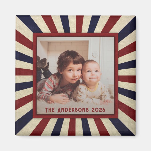 Vintage Familjefoto Röd Blå Jul Magnet (Framsidan)