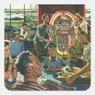 Vintage familjemiddag på en restaurang med en juke fyrkantigt klistermärke