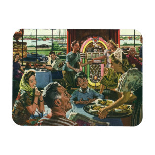 Vintage familjemiddag på en restaurang med en juke magnet