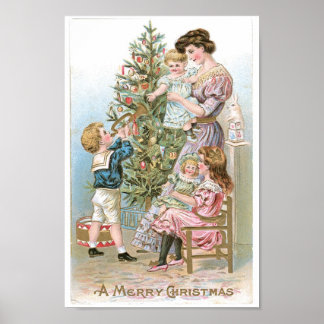 Vintage-familjen runt Julgran Poster