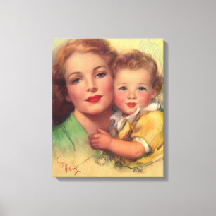 Vintage familjeporträtt av mor och barn canvastryck