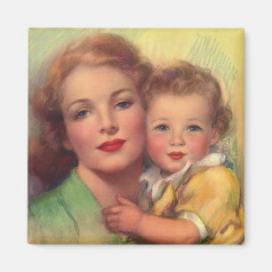 Vintage familjeporträtt av mor och barn magnet