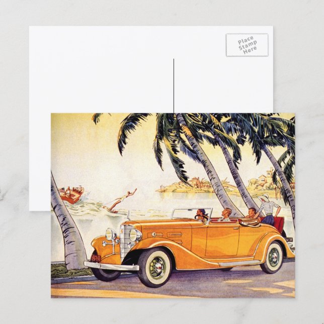 Vintage familjesemester i en cabriolet vykort (Fram/baksida)