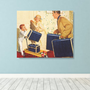 Vintage familjesemester, pappa, barn och resväskor canvastryck