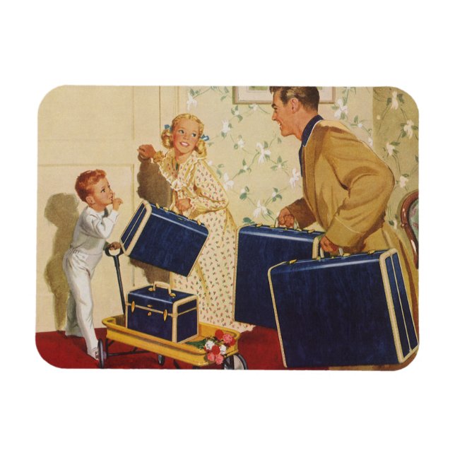 Vintage familjesemester, pappa, barn och resväskor magnet (Horisontell)