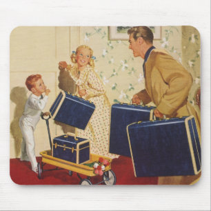 Vintage familjesemester, pappa, barn och resväskor musmatta
