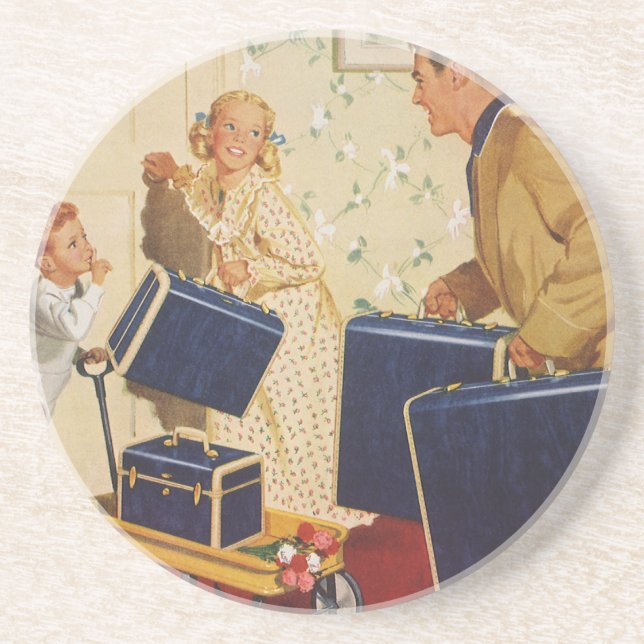Vintage familjesemester, pappa, barn och resväskor underlägg (Framsidan)