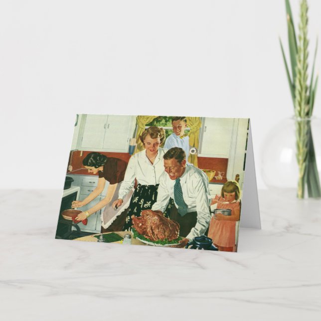 Vintage Family Cooking Thanksgiving Dinner Kitchen Helgkort (Framsida)