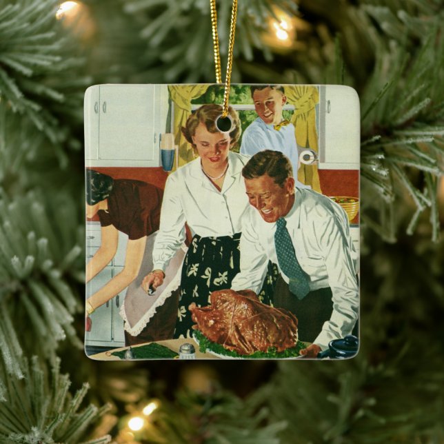 Vintage Family Cooking Thanksgiving Dinner Kitchen Julgransprydnad Keramik (Träd)
