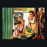 Vintage Family in Kitchen Mamma Kids Snack Poster<br><div class="desc">Vintage illustrerar vardagslivet med en familj med mamma och barnen i köket som ska ha ett eftermiddagsmellanmål med flaskor av soda och färska bakade kakor. Kylluckan är öppen och pappa går in från en lång arbetsdag.</div>