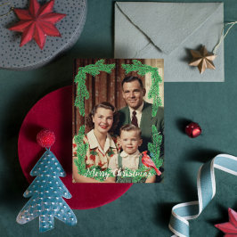 Vintage Family Photo Gräs Bird Ram jul Julkort