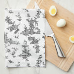 Vintage Fantastiskt Fontän och Träd Toile-B & W Kökshandduk<br><div class="desc">En färglös anpassning av en engelsk John Munn-toile de jouy Textil mönster ca 1770-tal med ett klassiskt monument över Shakespeare,  fontän,  fåglar och exotiska blommigtar. Svart på vit bakgrund.</div>