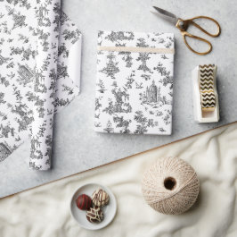 Vintage Fantastiskt Fontän och Träd Toile-B & W Presentpapper