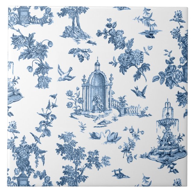 Vintage Fantastiskt Fontän och Träd Toile-Blue Kakelplatta (Framsidan)