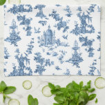 Vintage Fantastiskt Fontän och Träd Toile-Blue Kökshandduk<br><div class="desc">En färglös anpassning av en engelsk John Munn-toile de jouy Textil mönster ca 1770-tal med ett klassiskt monument över Shakespeare,  fontän,  fåglar och exotiska blommigtar. Blå mot vit bakgrund.</div>