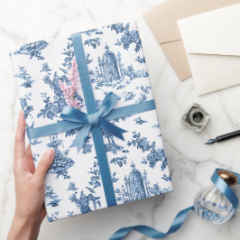 Vintage Fantastiskt Fontän och Träd Toile-Blue Presentpapper