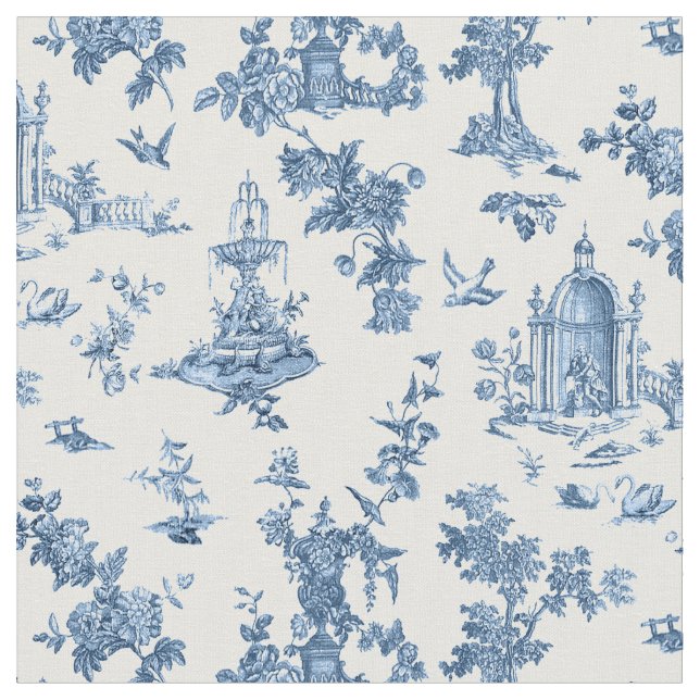 Vintage Fantastiskt Fontän och Träd Toile-Blue Tyg (Närbild)