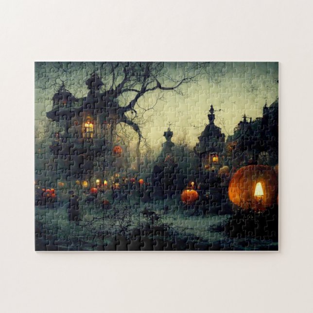 Vintage Fantasy Spooky Halloween Natt Pussel (Horisontell)