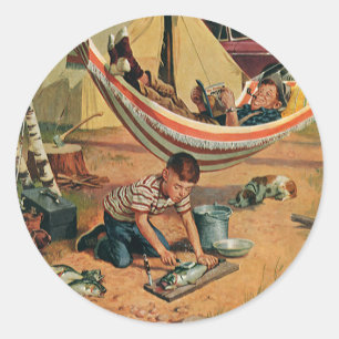 Vintage far och son camping, Glad fars dag Runt Klistermärke