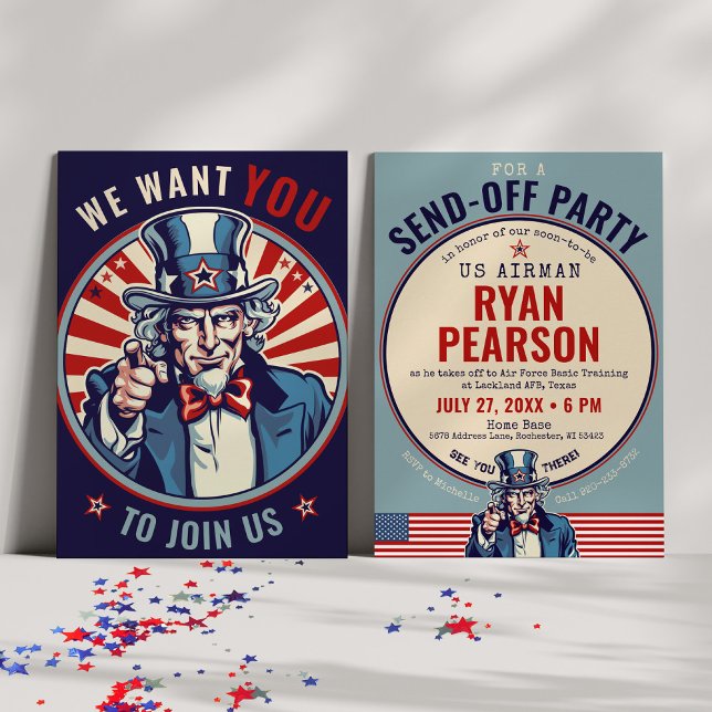 Vintage Farbror Sam US Militär på väg mot Party Inbjudningar (Vintage military basic training boot camp going away party invite, US air force, army, marines, navy)