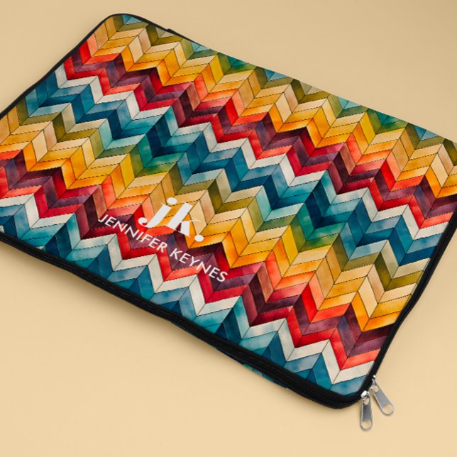 Vintage Färgfull tuggregon monogram regnbåge Laptop Fodral (Retro vintage rainbow big bold monogram chevron pattern, Stylish monogrammed gift for girl)