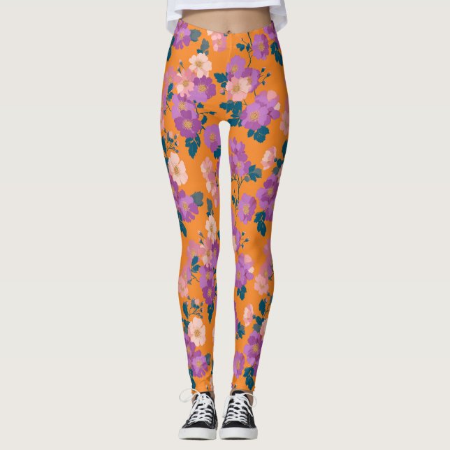 Vintage Färgfylld Vild Ro Mönster Leggings (Framsida)