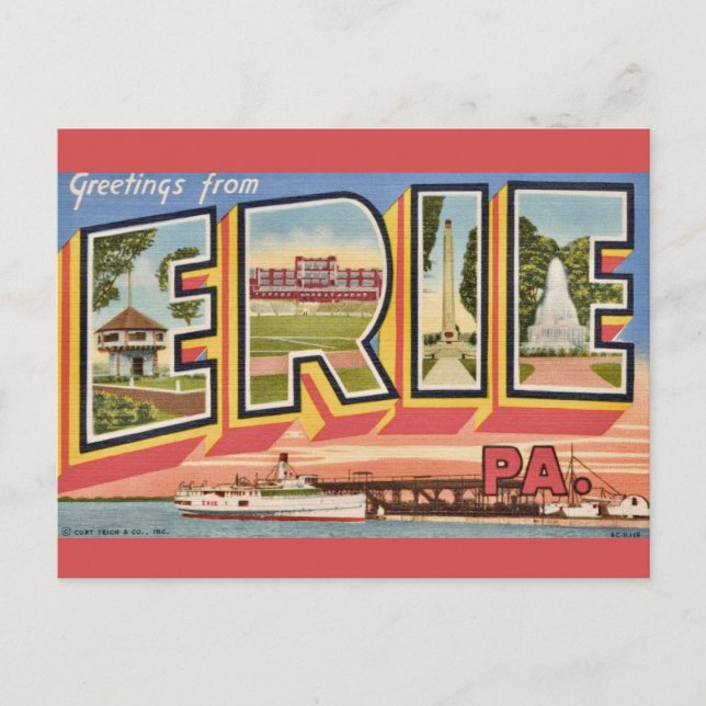 Vintage färgglad Erie PA Vykort (Framsida)