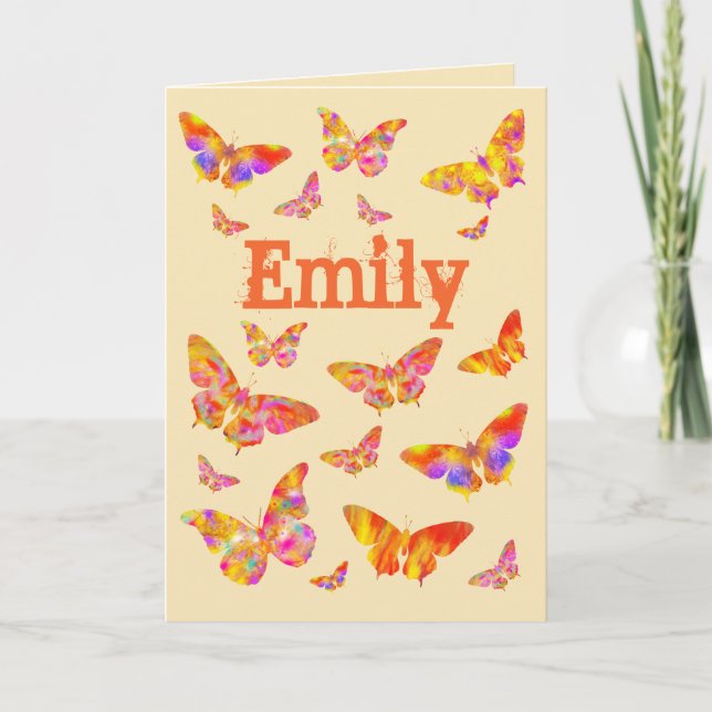 Vintage Färgglad Fjärilskonst Emily Namn Helgkort (Framsida)