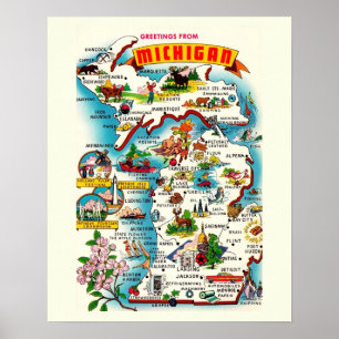 Vintage färgglad karta över Michigan Poster