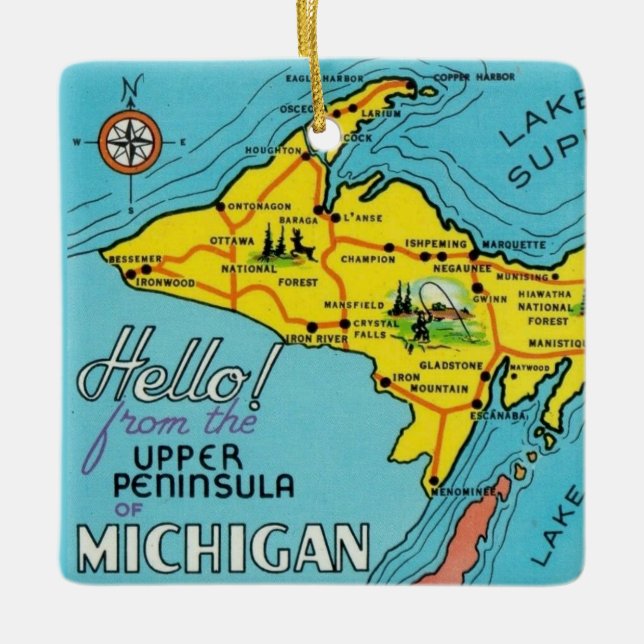 Vintage färgglad Michigan-karta  Julgransprydnad Keramik (Framsida)