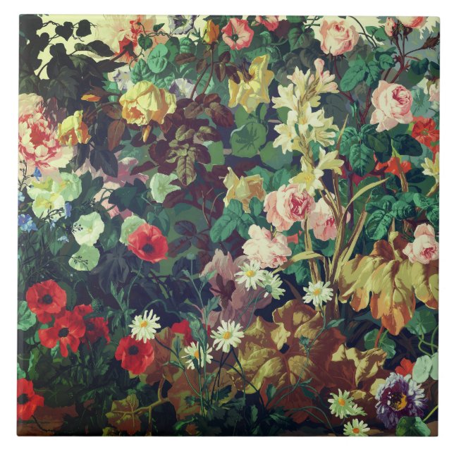 Vintage färgglomma blommor blomster målning kakelplatta (Framsidan)