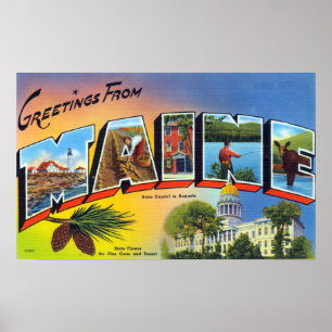 Vintage Färglöst Hälsning från Maine Travel Poster