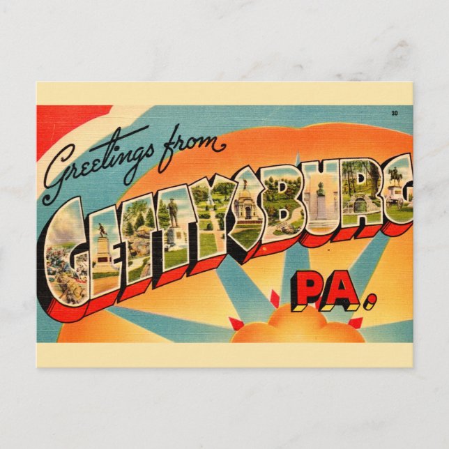 Vintage Färgstark Gettysburg PA Vykort (Framsida)