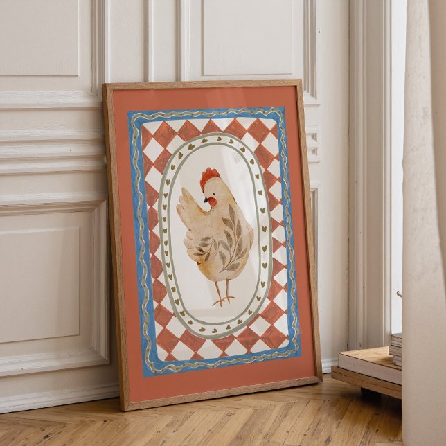Vintage Farm Animal Print Poster (Colorful chicken wall art print for farmhouse nursery and kids room decor)