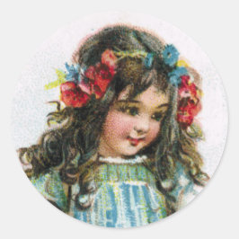 Vintage Farm Girl Wearing Flowers Sticker Runt Klistermärke