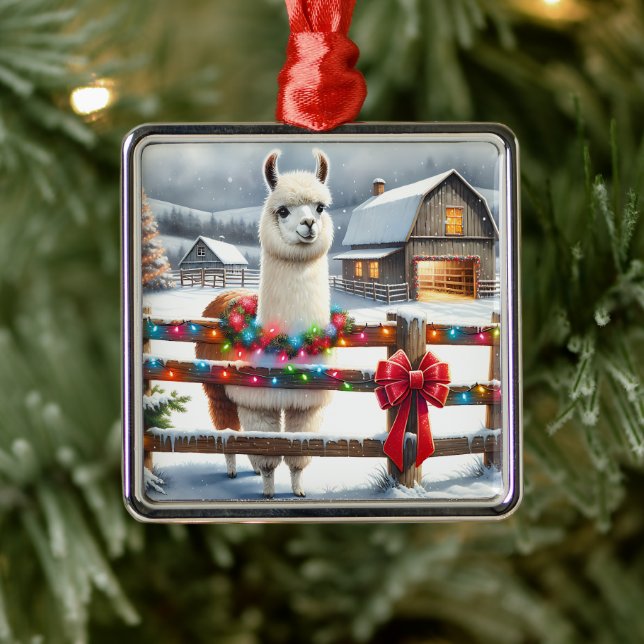 Vintage Farm och Cute Llama-julen Julgransprydnad Metall (Träd)