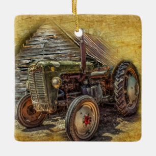 Vintage Farm Tractor Old Barn Shed Julgransprydnad Keramik