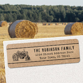 Vintage Farm Tractor Rustic Kraft Burlap Skriv ut Returadress Etikett