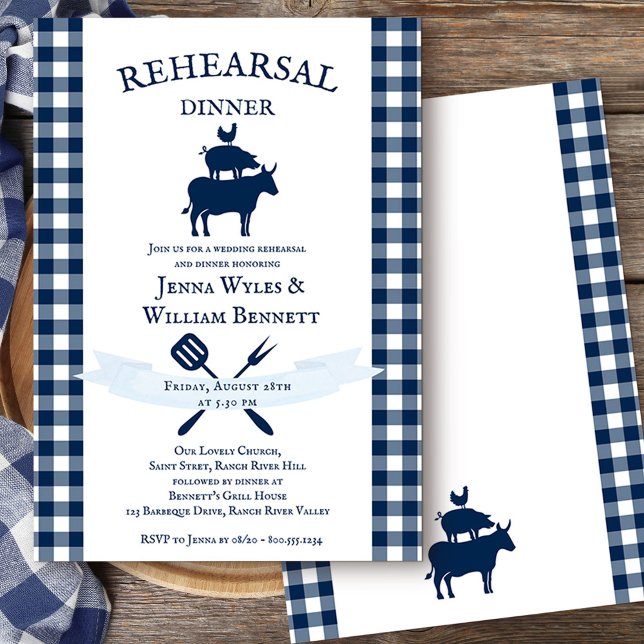 Vintage Farmhouse Navy Gingham Rehearsal Dinner Inbjudningar (Wedding Rehearsal Dinner invitation from my rustic farmhouse BBQ collection)
