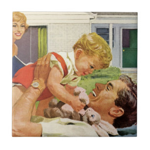 Vintage Fars dag, lycklig familj i förorten Kakelplatta