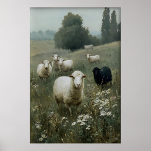 Vintage Fårtryck, Svart Får Farmhouse Dekoration Poster