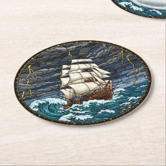 Vintage fartygs coaster, stormigt hav, nautisk underlägg papper rund