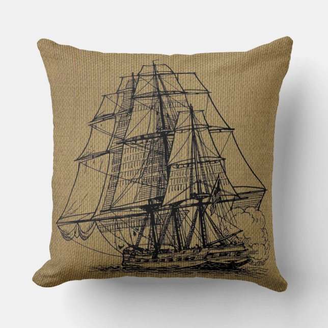 Vintage fartygsmotiv på konstläder burlap kudde (Framsida)
