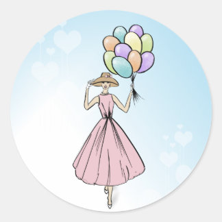 Vintage Fashionillustration Balloon Runt Klistermärke