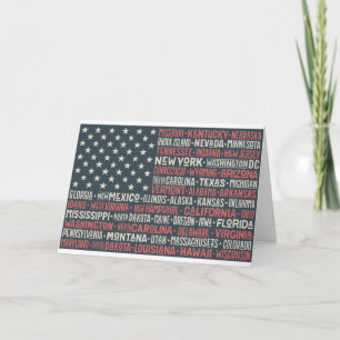 Vintage Fäst American Flagga State Namn Ord Art Kort