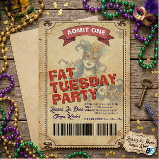 Vintage Fat Tuesday Party Ticket | Mardi Gras Inbjudningar